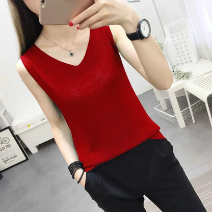 Top women Summer V Neck Hollow Knitted Vest Sleeveless Casual Tank Blusas Tops Sheer Mesh Patchwork T Shirt Bottom Camisole 2019