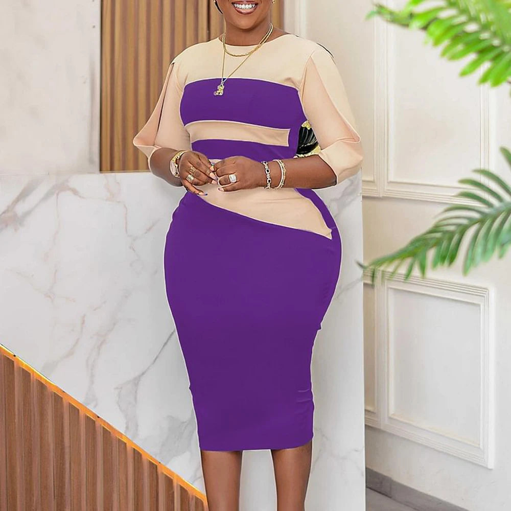 Elegant Church Dresses for Women 2023 New Arrivals Fashion Two Color Patchwork Fitted Ladies Knee Length Formal African Dress