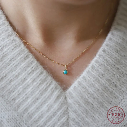 Retro 925 Sterling Silver 14k Gold Plated Necklace for Women Blue Turquoise Mini Geometric Round Pendant Clavicle Chain