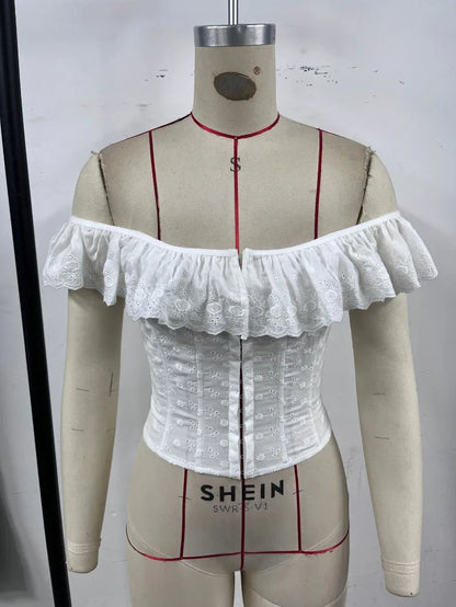 Women Fashion White Jacquard Ruffles Off Shoulder Slim Tank Crop Tops Slash Neck Lace Up Backless Single Breasted Corset Tees