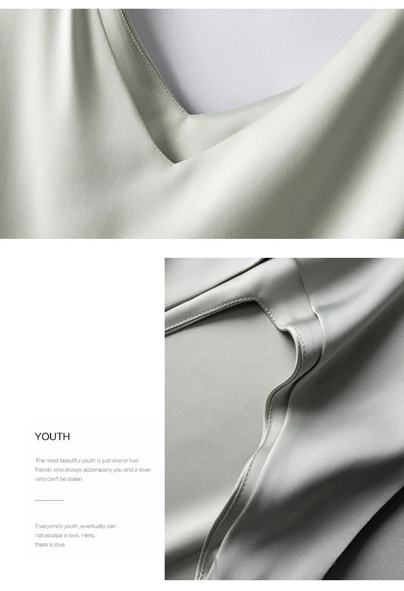 Woman T-shirts Elegant SILK Satin Blouse Sleeveless Female Summer 2023 Casual Loose Tanks and Camis Solid Green Tops for Women