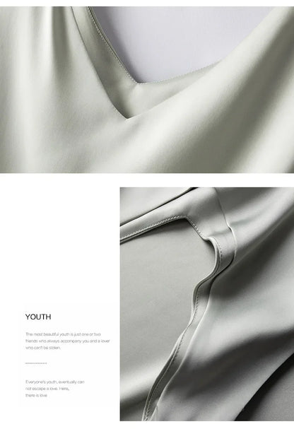 Woman T-shirts Elegant SILK Satin Blouse Sleeveless Female Summer 2023 Casual Loose Tanks and Camis Solid Green Tops for Women