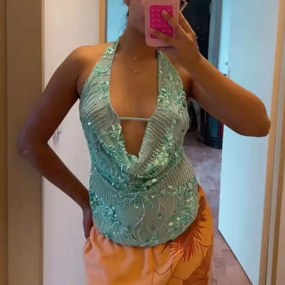 hirigin Sexy Glitter Sequin Tank Tops Women Y2K Fashion Deep V-neck Hollow Out Cropped Tops Tee Summer New Backless Beach Tops