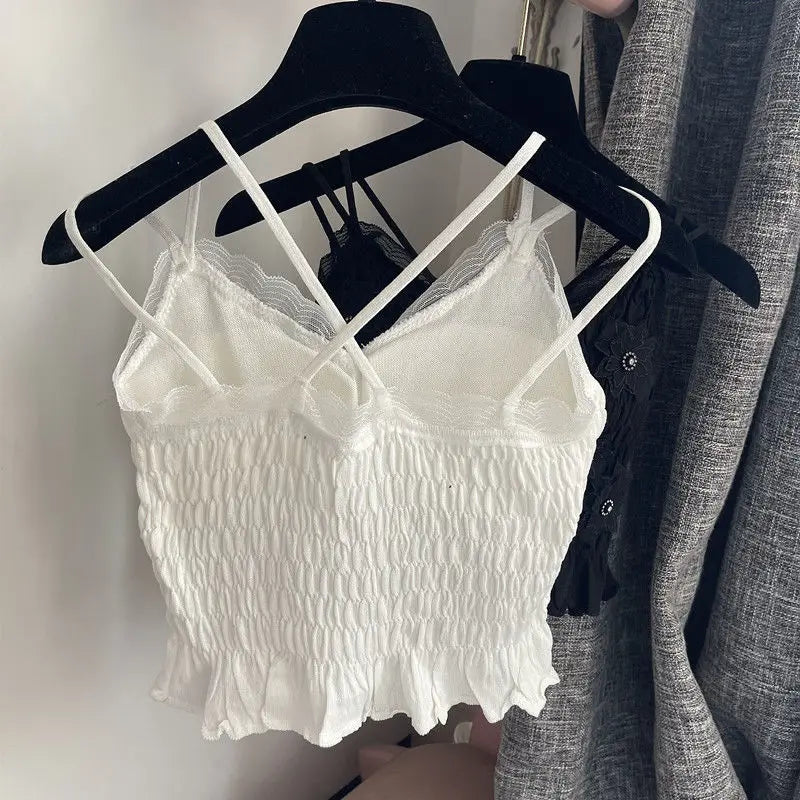 Summer Woman Clothes y2k Tops French Diamond Appliqué Camisole Bottoming Shirt Lace Crop Top Women's Folds Spaghetti Strap Tops