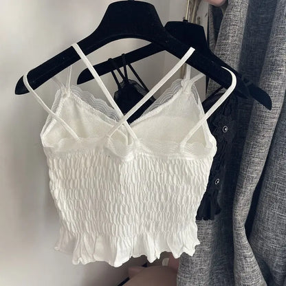 Summer Woman Clothes y2k Tops French Diamond Appliqué Camisole Bottoming Shirt Lace Crop Top Women's Folds Spaghetti Strap Tops