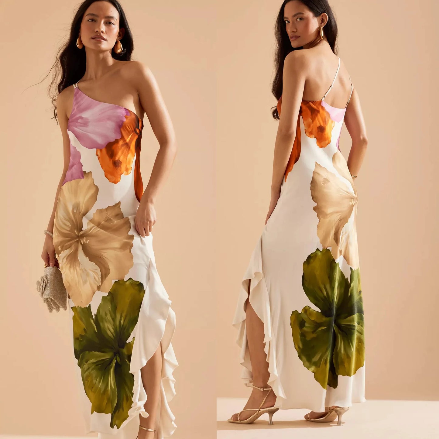 Women's Dress 2025 New Summer Floral Print One-shoulder Elegant Party Evening Maxi Dresses Fashion Vacation Beach Dress