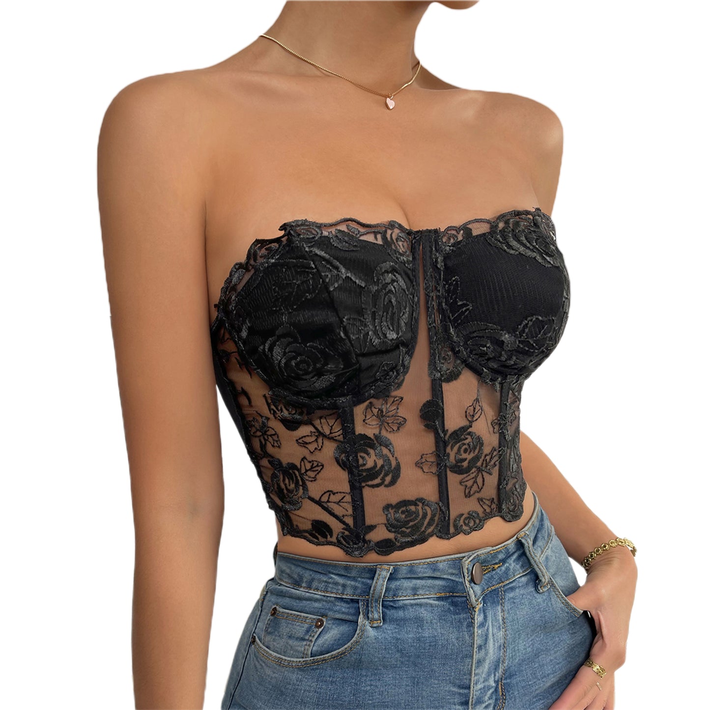 Newest Arrival Women Bustier Tube Tops Embroidery Flower See Through Off Shoulder Tank Tops for Daily Club Party
