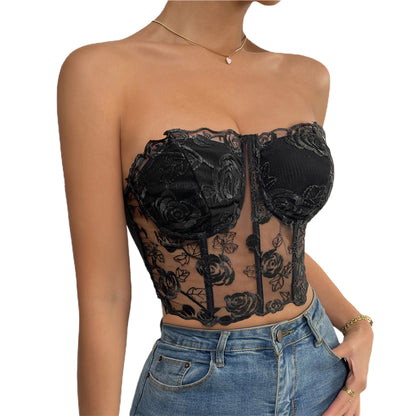 Newest Arrival Women Bustier Tube Tops Embroidery Flower See Through Off Shoulder Tank Tops for Daily Club Party