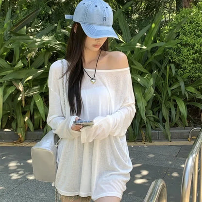 Women T-Shirts Casual Loose New Slightly Transparent O Neck Female Top Thin Sun Protection Tees Spring Summer 2025