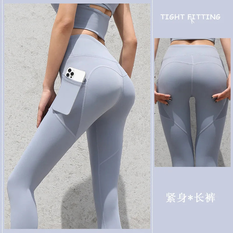 New High Waist Women's Leggings Stretch Yoga Pants Tights With Pockets Push Up Fitness Running Sportswear Solid Color Pants