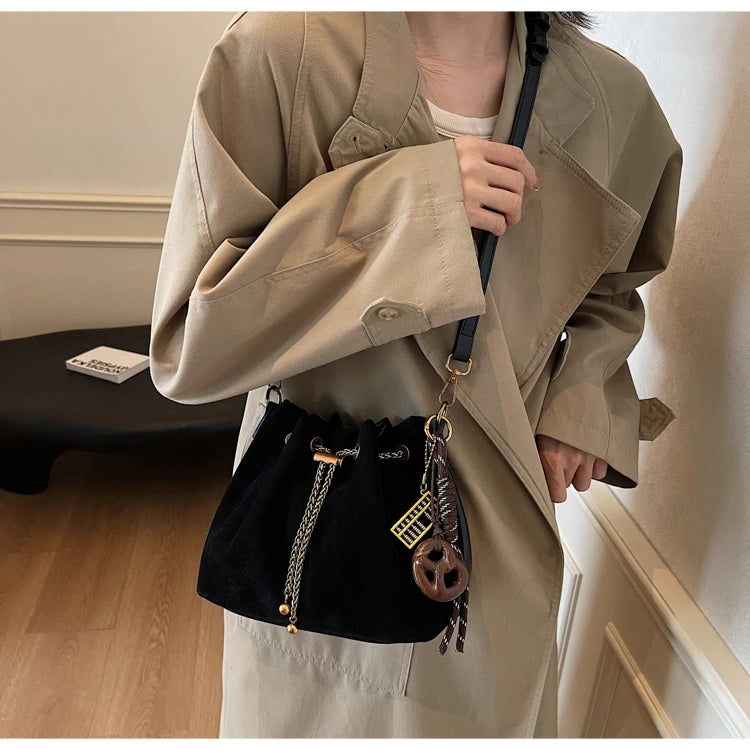 Women Vintage One Shoulder Bag Frosted Solid Drawstring Soft All-Match Bucket Bags High-Grade Versatile Commute Crossbody Packs