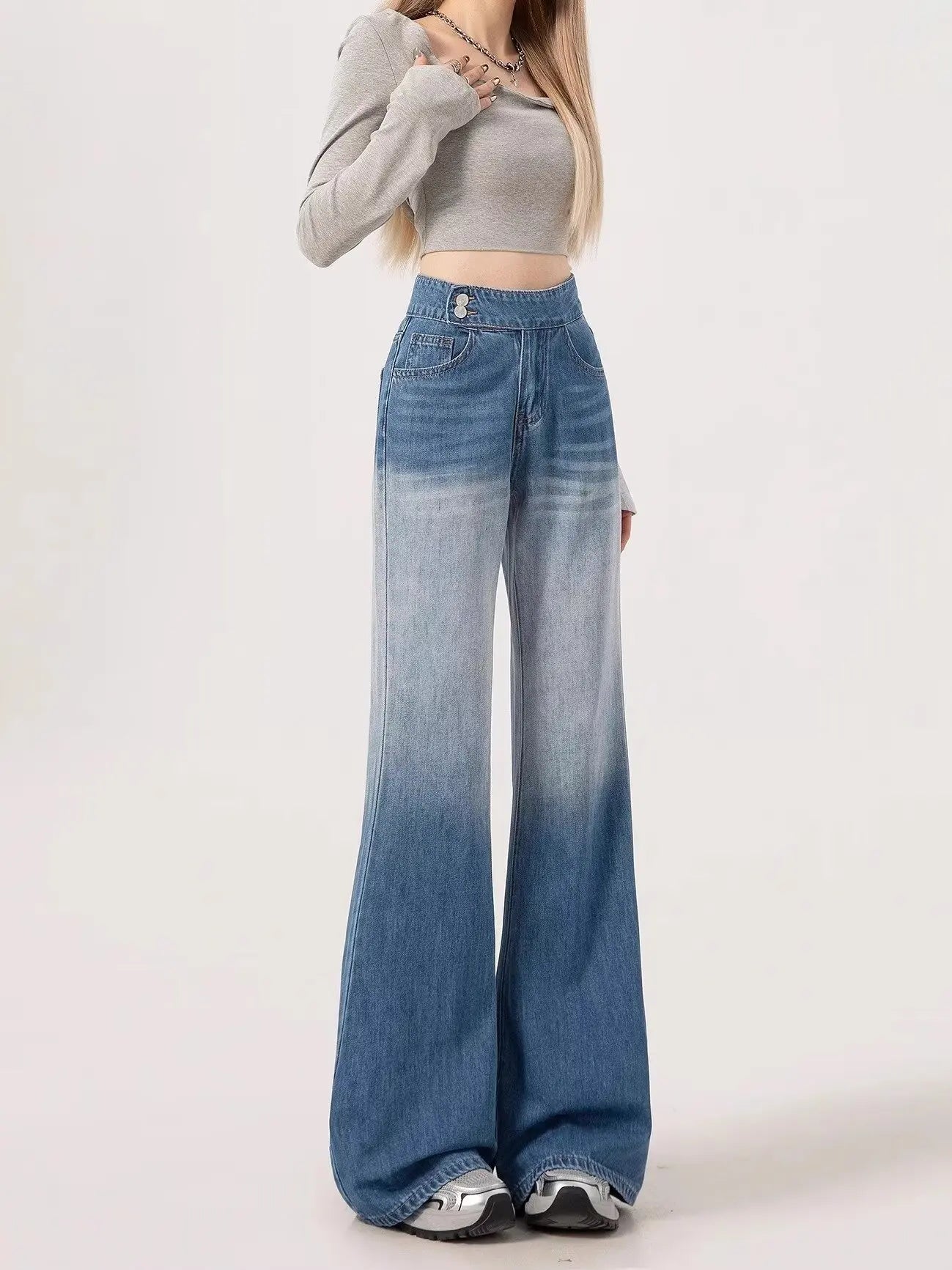 Slimming High-waisted Jeans for Women Spring Summer Pear-shaped Loose-fit Wide leg Jean Pants Bell Bottoms Female Denim Trousers