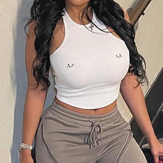 Top for Women Blouses 2025 Summer Fashion Solid Color Metal Decorative Sexy Spicy Girl Round Neck Short Tank Top Y2K Streetwear