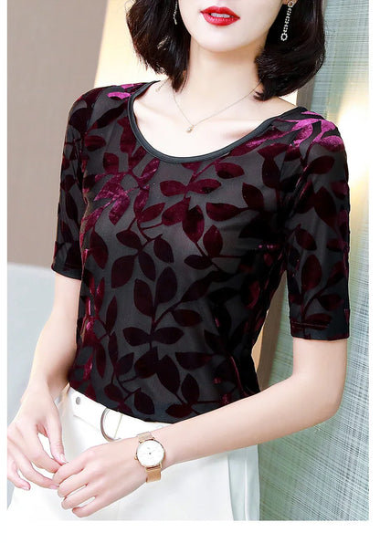 New Summer tops for Women Round neck Velvet burnt flower gauze t-shirt Short sleeve Women shirt