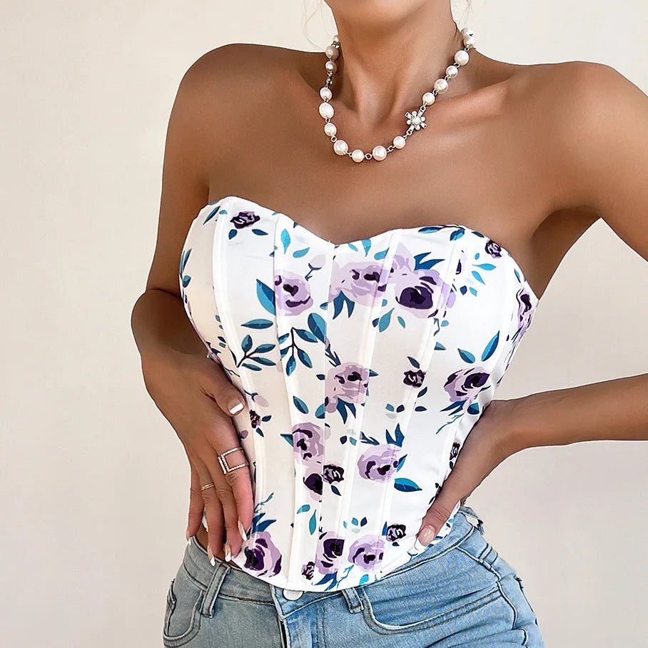 Women Floral Top Sexy Spicy Girl Tank Top Low cut Open Back Flower Wrapped Chest Diamond Fish Bone Strap Waist Vest Tank Top