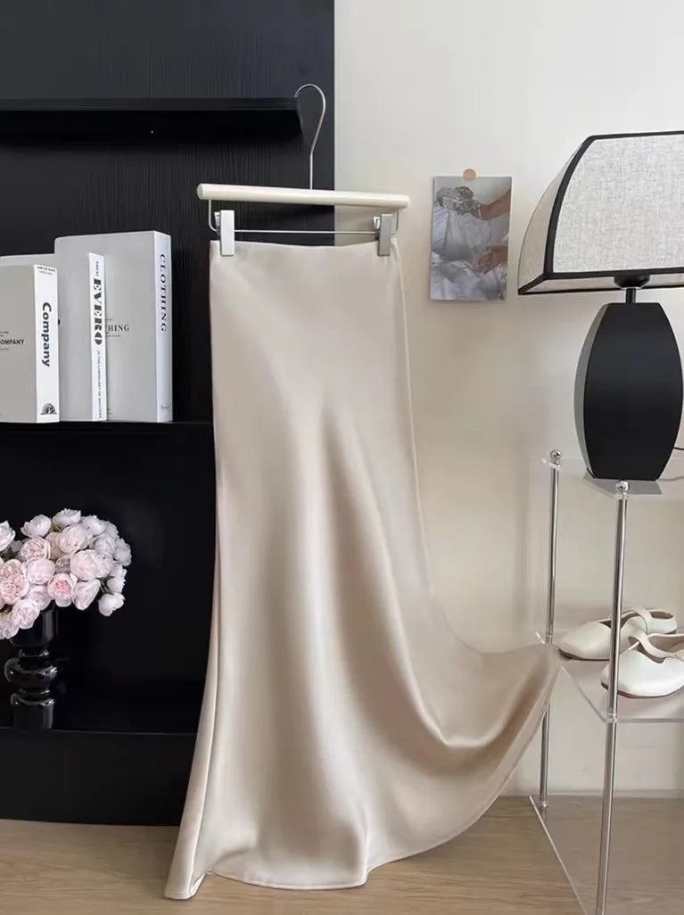 Long Skirts for Women High-waisted Thin Satin Acetate Silky Fishtail Skirt Korean Fashion Clothing Elegant Women's A-line Skirt