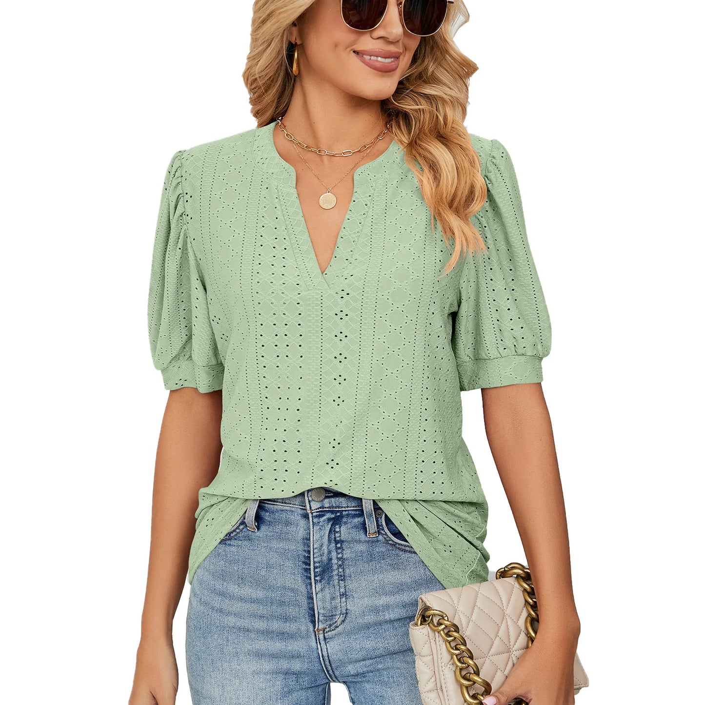 Womens Tops V Neck Ruffle Sleeve Blouses Short Sleeve Casual Tops T-Shirts for Women Autumn Winter