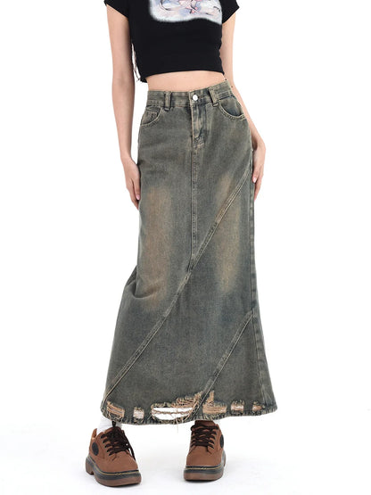 Women Denim Skirt Y2k Emo 2000s Clothes Long Skirt Harajuku Korean 90s Fashion Vintage Gradient A-line Jean Skirt Grunge Clothes