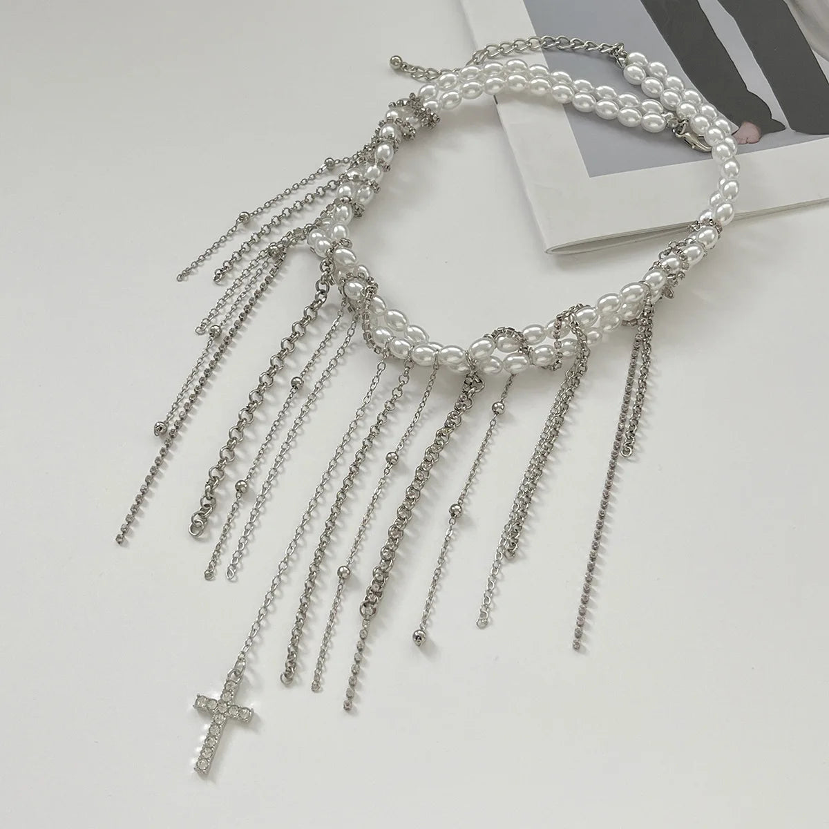 Necklaces for Women Heart-shaped Cross Imitation Pearl Tassel Long Necklace Colliers Femmes Girl Stuff