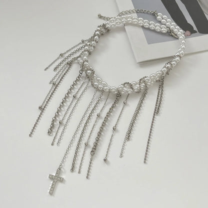 Necklaces for Women Heart-shaped Cross Imitation Pearl Tassel Long Necklace Colliers Femmes Girl Stuff
