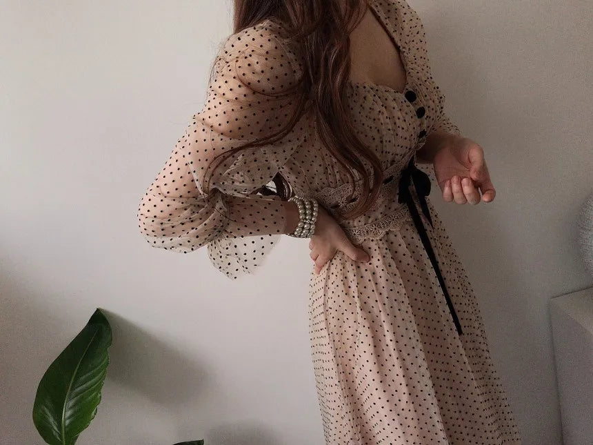 Women Clothing Vestidos Vintage Dress Elegant Square Neck High Waisted Lace Organza Polka Dot Dresses Chic Summer 2025 Slim