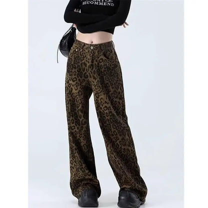 Women's leopard print jeans autumn and winter fashionable versatile loose retro casual pants straight leg wide leg pants
