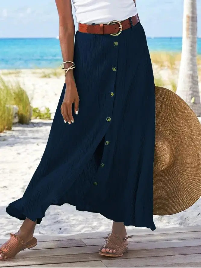 Women Skirt 2025 Spring Summer New Fashion Casual Cotton And Linen Solid Color Buttons Skirt Split A- Line Hip Waist Long Skirt