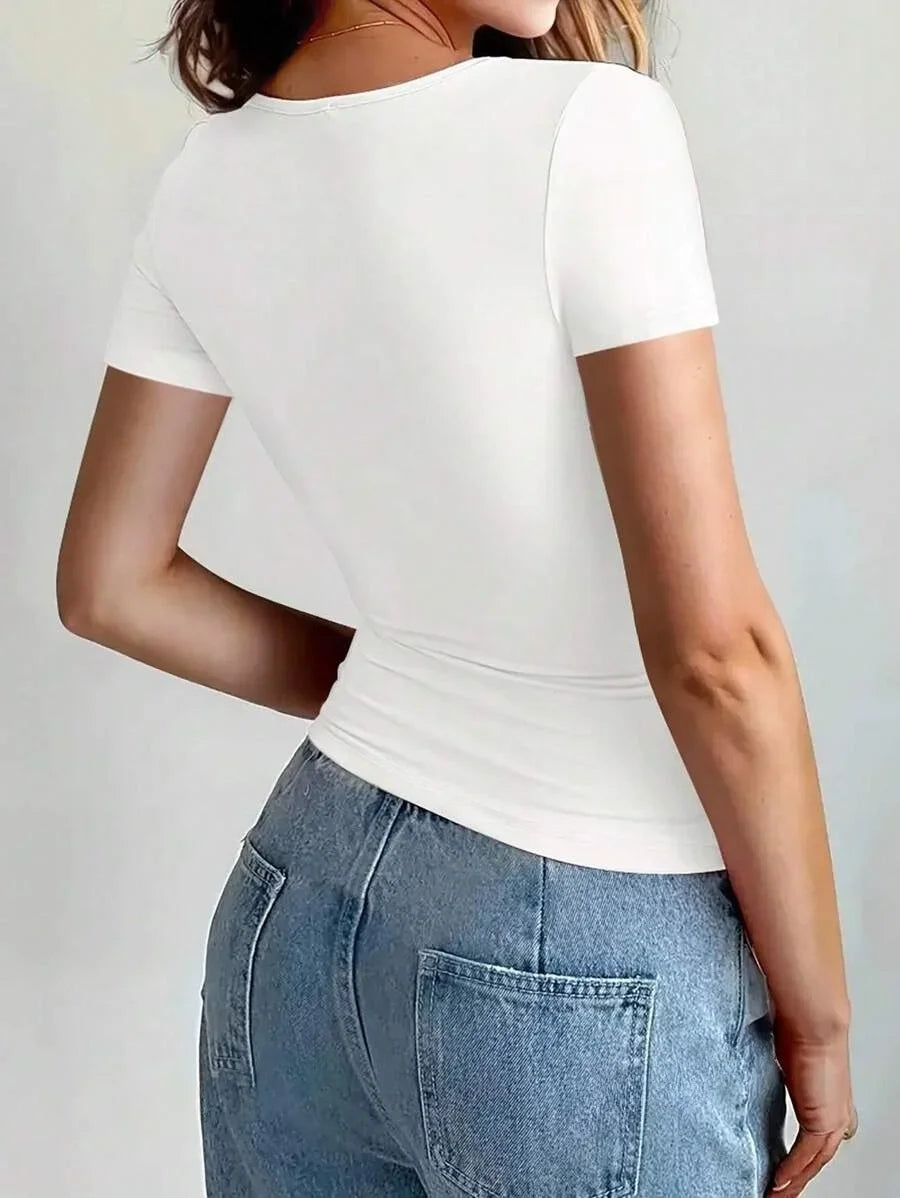 Summer Women's Tops Causal Basic T-Shirts Scoop Neck Short Sleeved Crop Tops Cute Slim Fit Tees Pullovers Clothing Y2K 2025 New