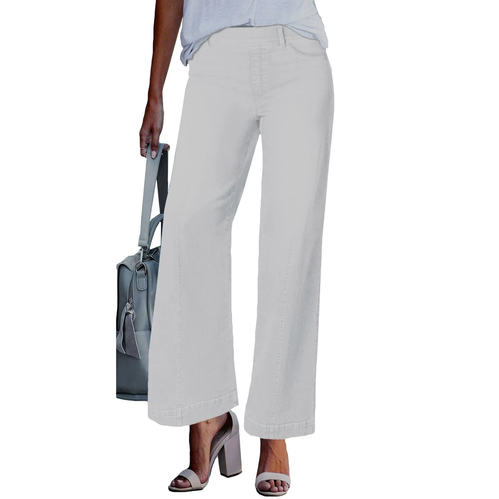 Women Seamed Front Wide Leg Jeans Elastic Waist Stretch Denim Flare Jeans High Waisted Jean Bell Bottom Cropped Pants pantalones