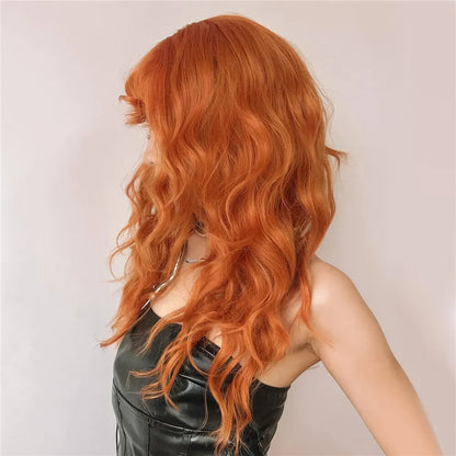 Ginger Curly Synthetic Wigs for Women Long Orange Wigs with Bangs Heat Resistant Hair Colored Party Cosplay Hair Wig