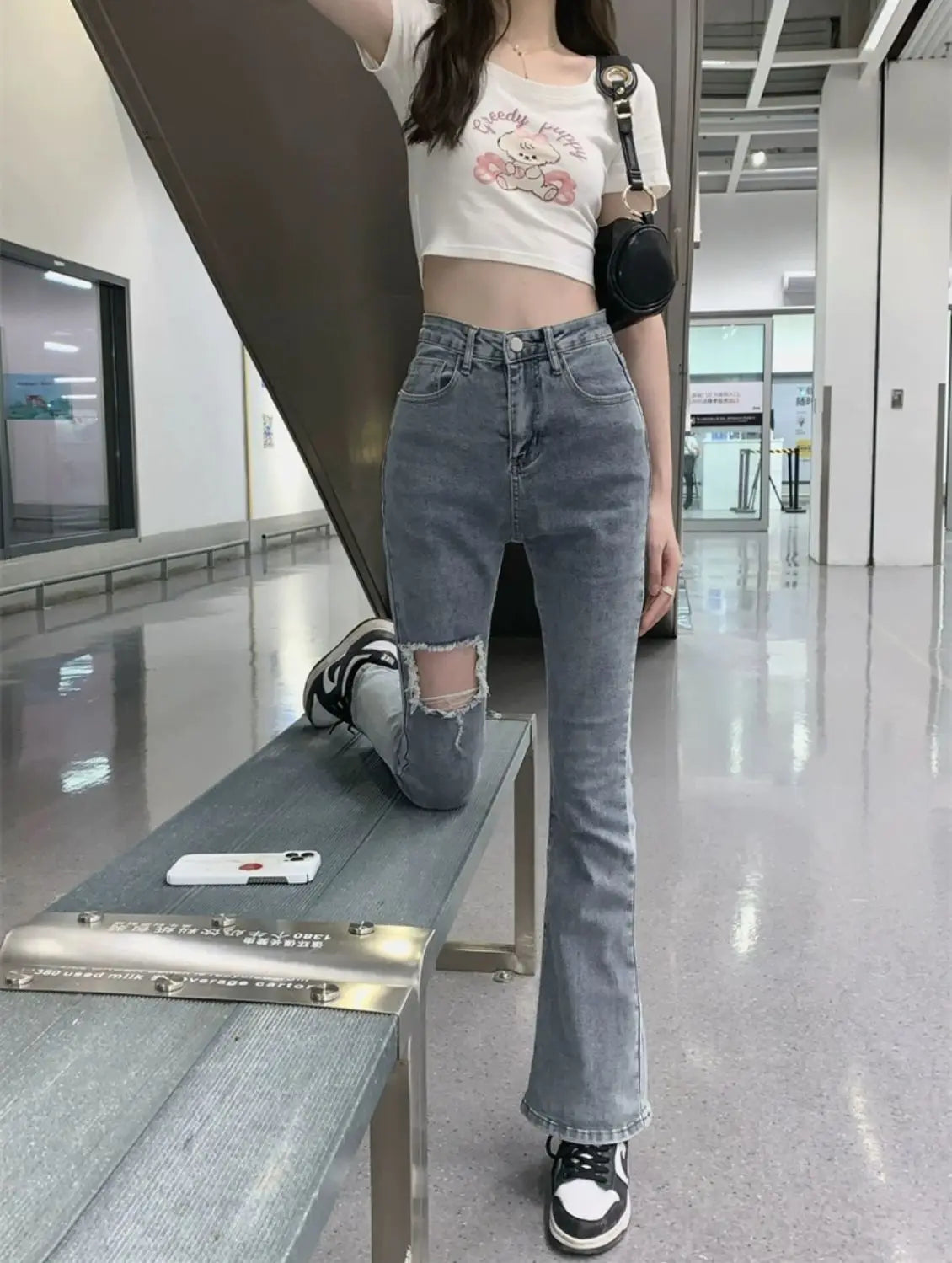 Denim Pants for Women Blue Womens Ripped Jeans Slim Fit Straight Leg Bell Bottom Trousers Original Emo Wholesale Stylish Wide A