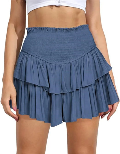 Women's High Waist Ruffle Pleated Mini Skirts Solid Lined Layered Flared Flowy Casual Swing Summer Boho Beach Mini Short Skirt