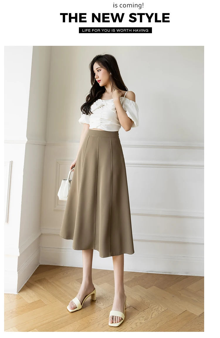 Women's Skirt 2025 Spring Women High Waist Solid Vintage Girl's Waist Down Skirt Knee-length A-line Fashion Thin Skirt for Women