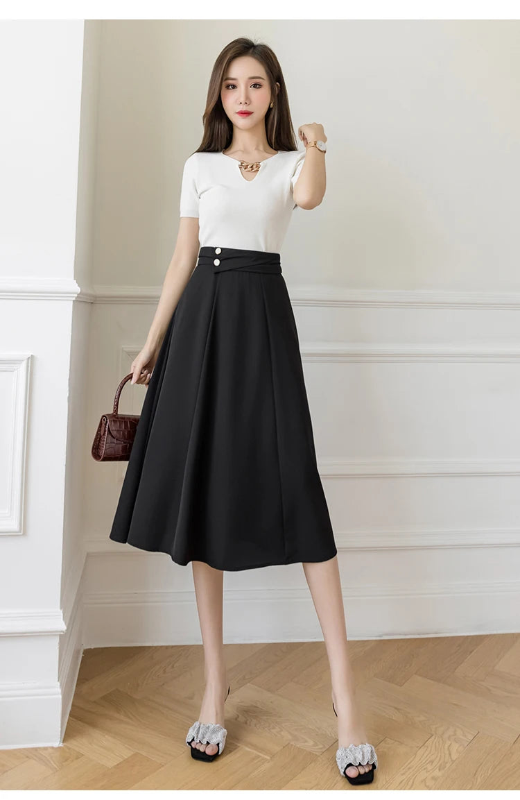 Women's Skirts High Waist Sweet Girl's Mid-calf Skirt Solid Skirts for Women Vintage Long Fashion 2023 Kawaii Summer Women Skirt