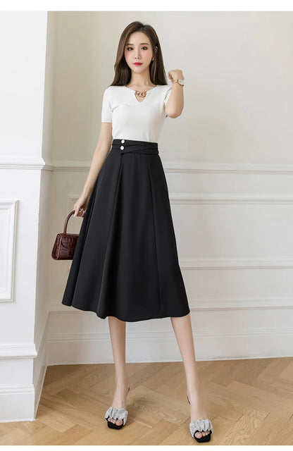 Women's Skirts High Waist Sweet Girl's Mid-calf Skirt Solid Skirts for Women Vintage Long Fashion 2023 Kawaii Summer Women Skirt