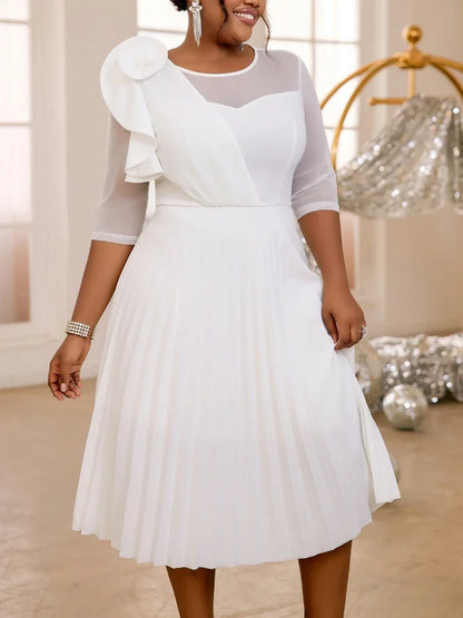 Elegant White Dresses for Women Pleated Ruffles Flower Tulle Sleeves Patchwork Classy Occasion African Wedding Guest Birthday