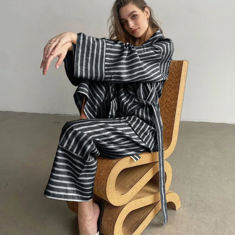 Women's Dress Sets Autumn New Striped Long-sleeved Loose Lace-up Top High-waisted Trousers Fashion Casual Suit for Women
