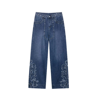 European style new women's fashion versatile temperament straight embroidered low waist jeans trousers