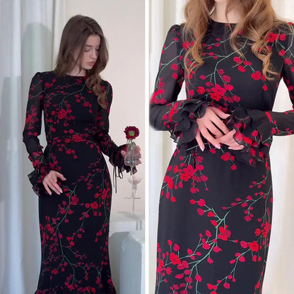 Women's Evening Dresses Summer New Printed French Floral Slim-fitting Retro White Dress for Women