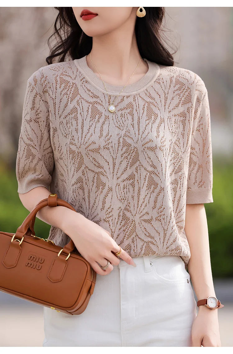 T-shirt Women Tops Summer 2025New Clothing Body O-neck Half Sleeve Tees Shirt  Solid Color Maple Leaf Pattern Casual Fashion Top