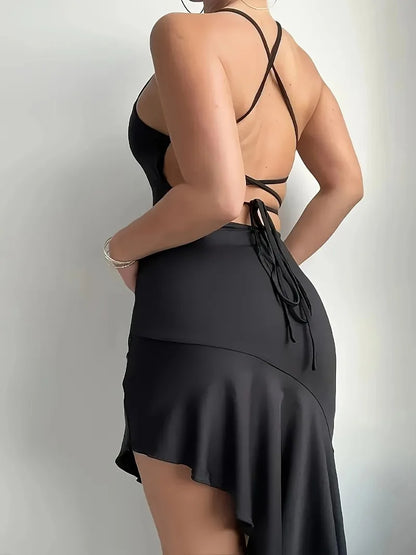 Dress for Women Summer Casual Fashion Sexy Halter Backless Ruffle Party Dress Evening Dresses Vestidos De Tricô Femenino