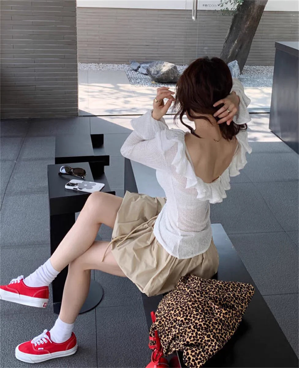 Ropa Skirts for Women 2025 Mini Black White Korean Style Jupe Faldas Mujer Elastic Waist Retro Khaki Drawstring Flower Bud Skirt