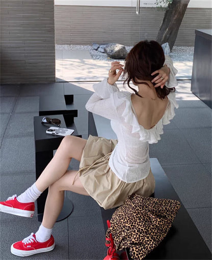 Ropa Skirts for Women 2025 Mini Black White Korean Style Jupe Faldas Mujer Elastic Waist Retro Khaki Drawstring Flower Bud Skirt