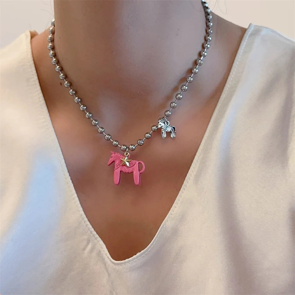 LATS White Black Green Blue Pink Color Enamel Colt Horse Pendant Necklaces for Women Silver Plated Alloy Beads Chain Chokers