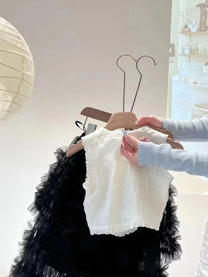 Skirts Sweet Girls Korean New Lace Flower Edge Vest Tops Mesh Yarn Tide Princess Half Length Skirt Tide 2024 Simple Fashion