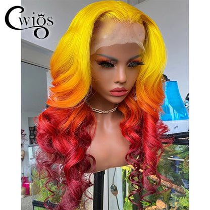 Body Wave Ombre Yellow Red Colored Glueless Transparent Synthetic 13X4 Lace Front Wigs For Women Preplucked Drag Queen Cosplay