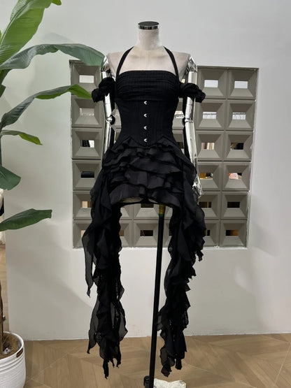 Women Ruffles Draped Dress Three Piece Sets Sexy Halter Neck Folds Ruffled Dress+Lace-up Corset Top+Shorts Suits Party Cocktail