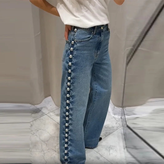 Women's Fashion Punk Washing Denim Pant Vintage Metal Straight Wide Leg Long Jeans 2025 New Lady Y2k Fashion Denim Trousers