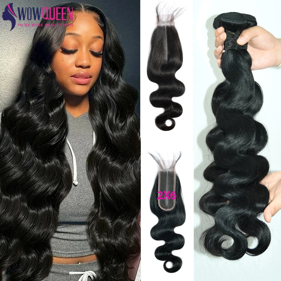 Body Wave Bundles With Closure 2x6 Brazilian Hair Weave 3/4 Bundles With Closure Natural Human Hair Bundles With Lace Closure