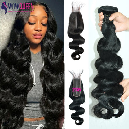 Body Wave Bundles With Closure 2x6 Brazilian Hair Weave 3/4 Bundles With Closure Natural Human Hair Bundles With Lace Closure